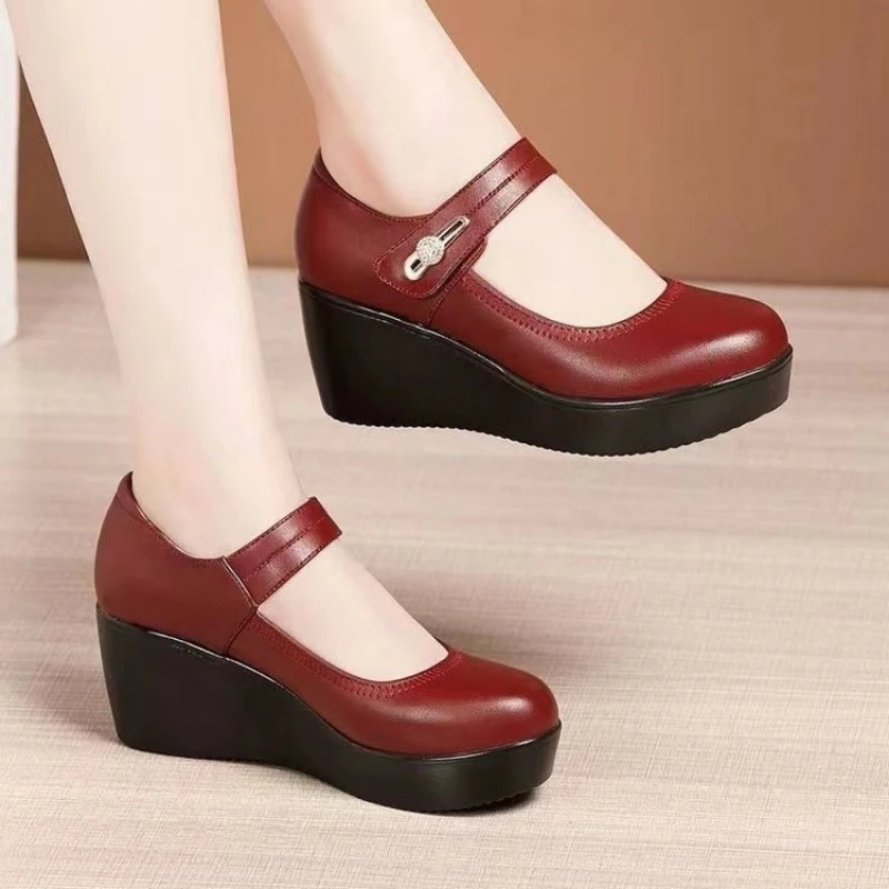New Round toe Womens Shoes Casual Thick soled Spring Comfort Shoes Versatile high heels Slope heel ladies pumps Mujer Zapatos detail