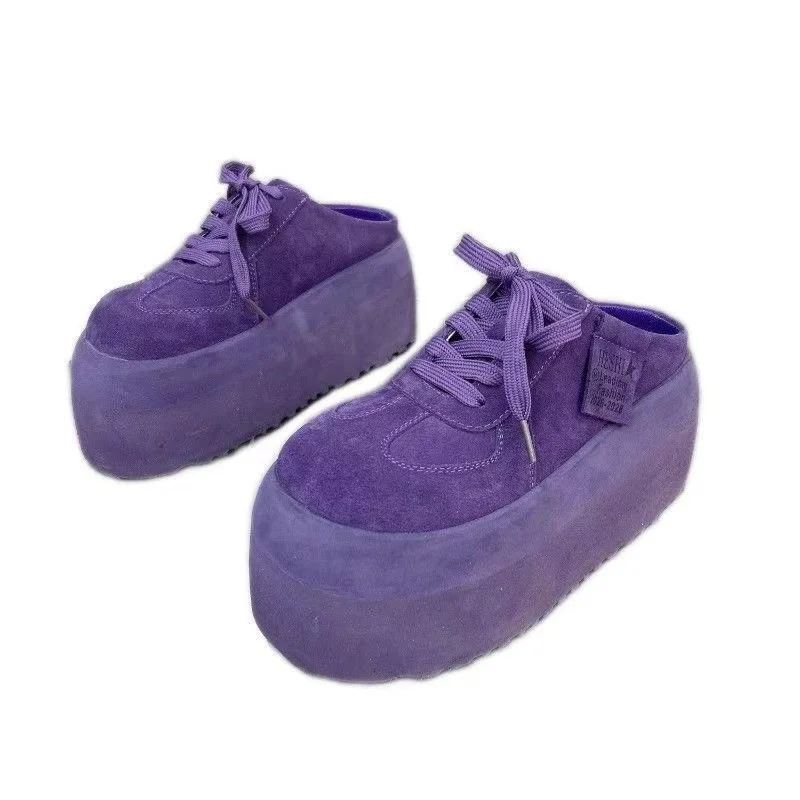 Thick Bottom Baotou Slippers New Round Head Deep Mouth Suede Lace Up Slope Heel Womens Shoes detail