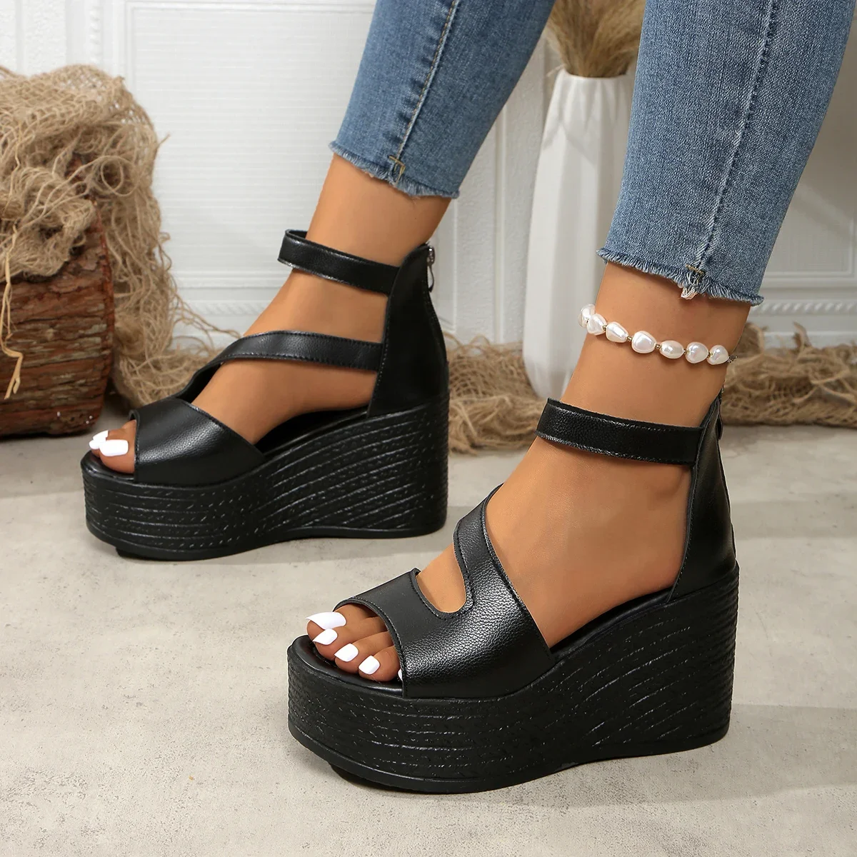 Slope Heel Sandals Summer Fashion Lightweight Thick Sole NonSlip High Heels Womens Shoes Back Zipper Leather Roman Shoes detail