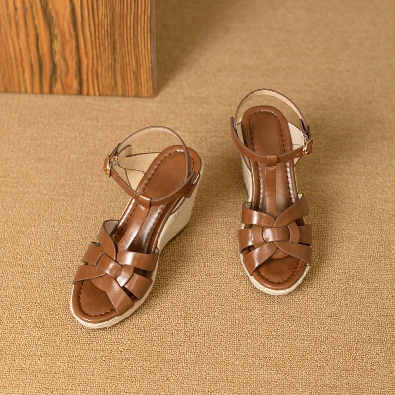 Womens New SpringSummer Square Headed Open Toe Real Leather Weaving Slope Heel High Heel Cross Roman Sandals detail