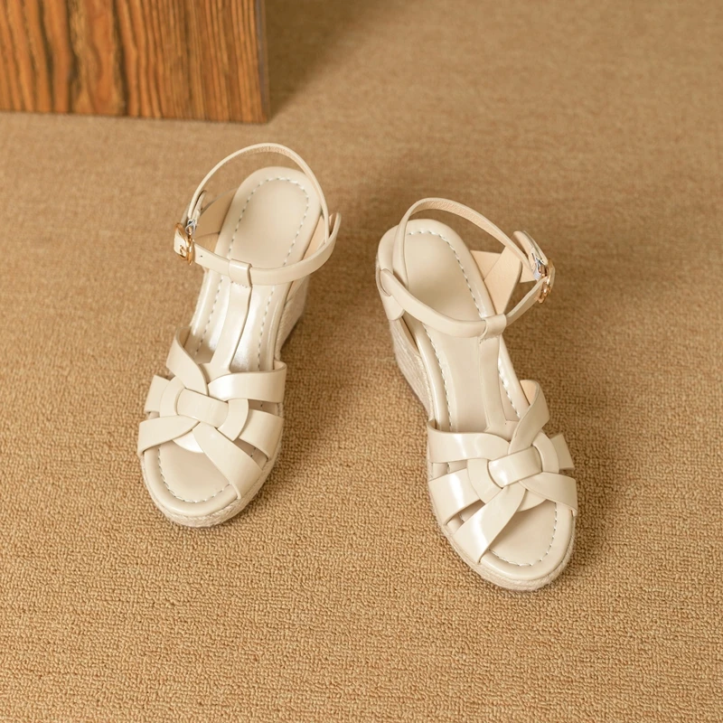 Womens New SpringSummer Square Headed Open Toe Real Leather Weaving Slope Heel High Heel Cross Roman Sandals detail