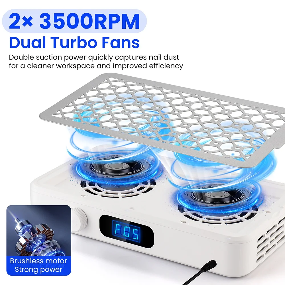 25002800300033003500rpm Speed Adjustable Brushless Nail Dust Extractor Powerful Twin Turbo Vacuum Nail Dust Collector detail