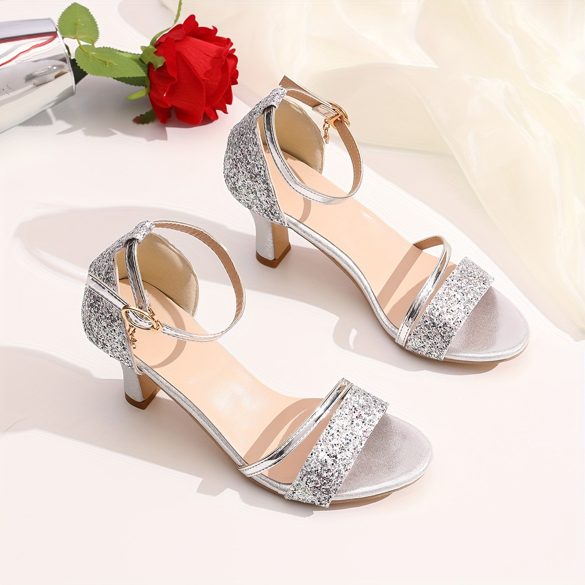 Elegant Women Sequins Glitter Sandals Open Toe Mid Heel Ankle Strap For Wedding Club Party Daily Wear detail