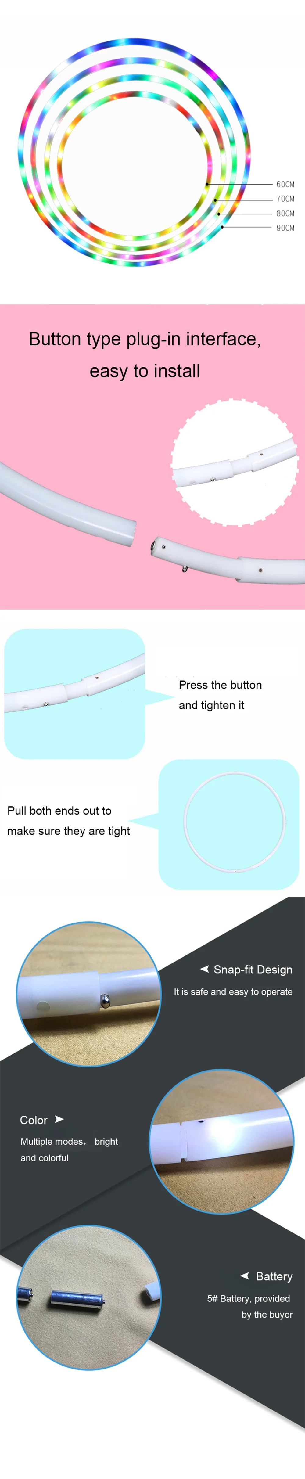 60708090cm LED Colorful Sports Hoops Lose Weight Fitness Circle Art Show Yoga Home Gym Workout Equipment for Women Kids Gift detail