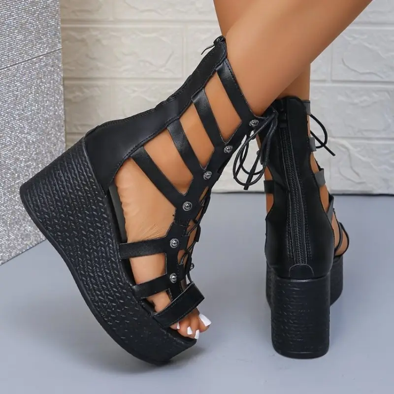 Slope Heel Sandals Summer New Round Head Thick Bottom Front Lacing Hollow Bag with Antislip Wearresistant High Heels product view