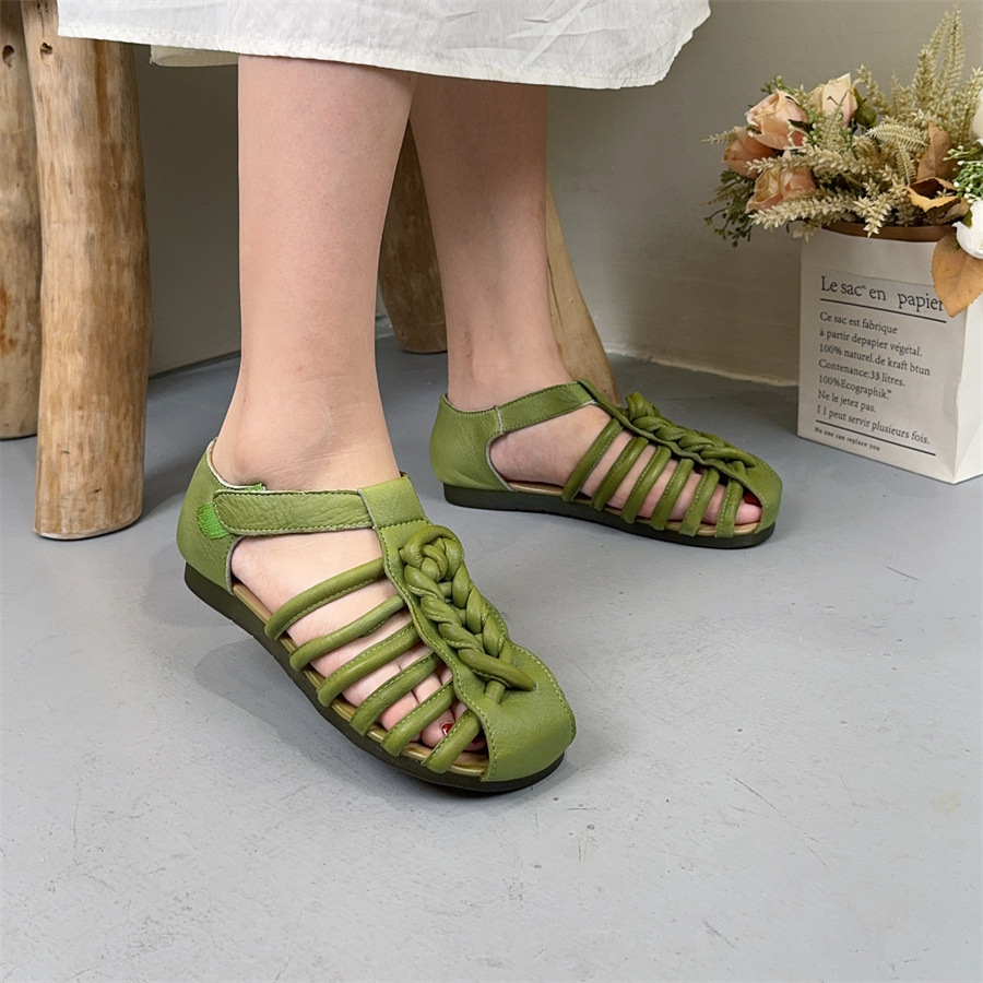 New Summer Outdoorwear Handmade Woventoe Womens Sandals Genuine Leather Soft Sole Vintage Roman Velcro square Head detail