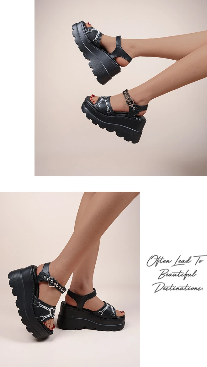 3542 Plus Size Fashion Slope Heel Women Metal Chain Decoration Sandals Female Platform Buckle Shoes Womens Sandals Tide Shoes detail