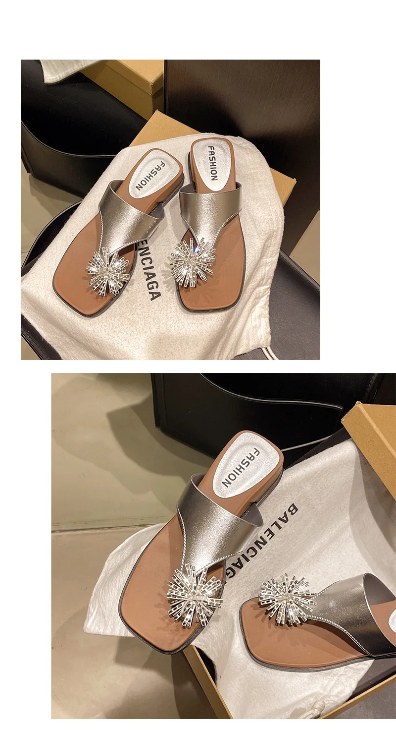 Fireworks rhinestone thick bottom slope heel women summer wear new heightening nonslip beach cover toe cool slippers detail