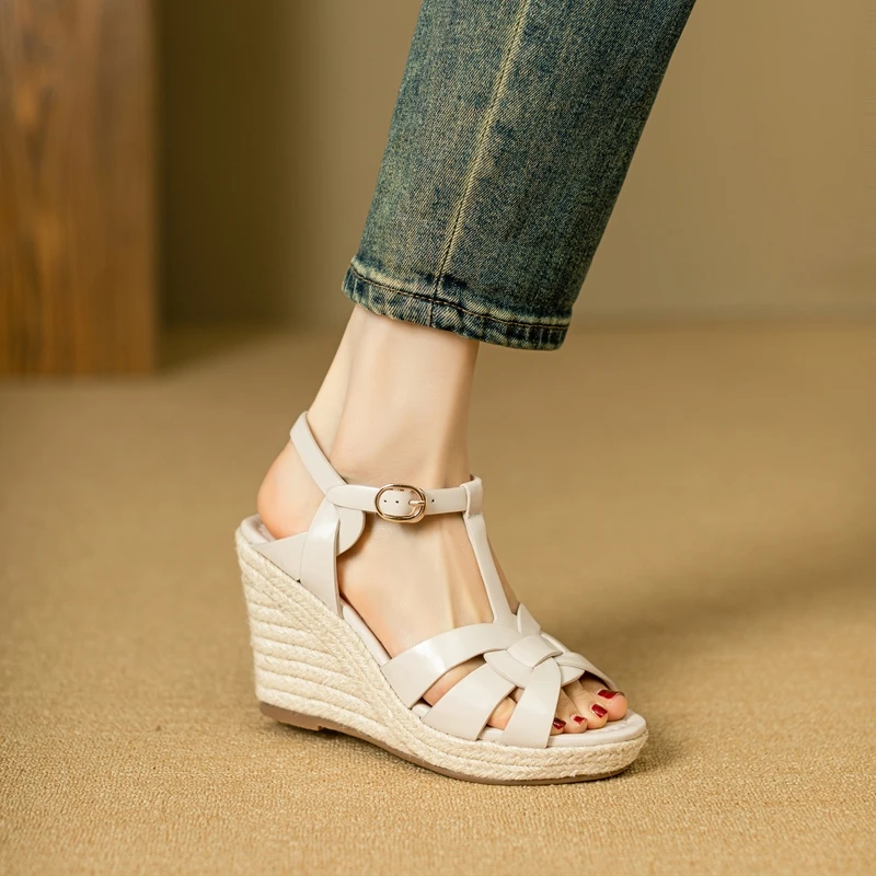 Womens New SpringSummer Square Headed Open Toe Real Leather Weaving Slope Heel High Heel Cross Roman Sandals detail