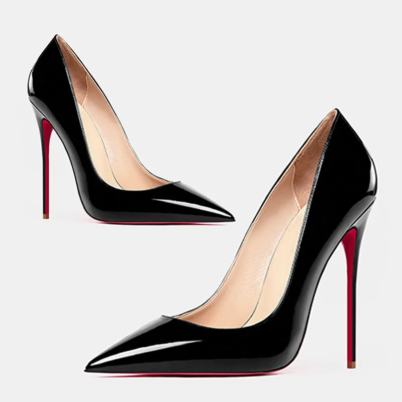 and slim and sexy high heels pointed shallow mouth black patent leather temperament work shoes detail