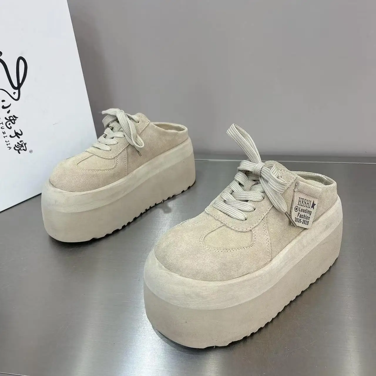 Thick Bottom Baotou Slippers New Round Head Deep Mouth Suede Lace Up Slope Heel Womens Shoes product view