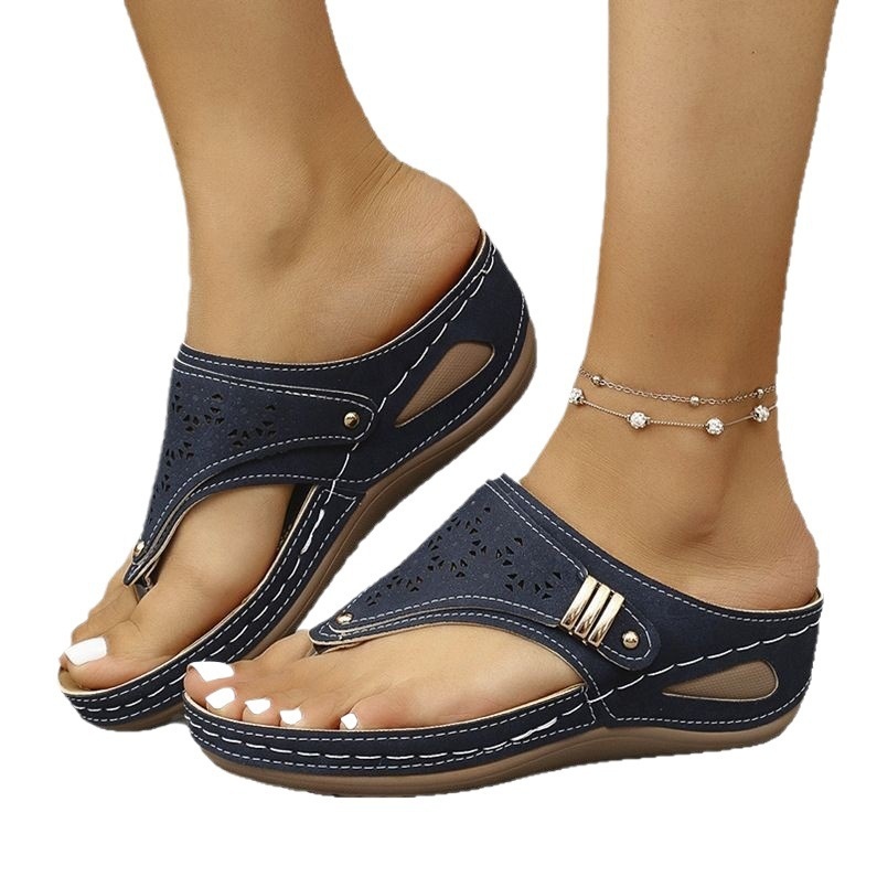 Retro Summer Sandals Designs PU Leather Flip Flops Wholesale Platform Wedge slippers for Women product view