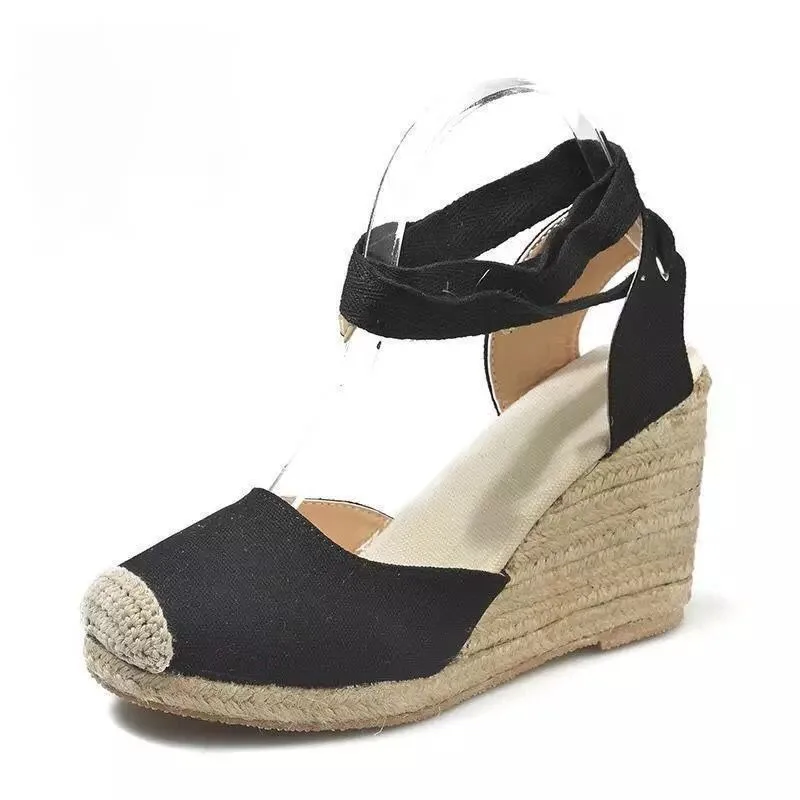 New Large Slope Heel Womens Sandals Thick Bottom Baotou Bag with Foot Ring Strap Cloth Surface Hemp Rope Sandals for Women detail