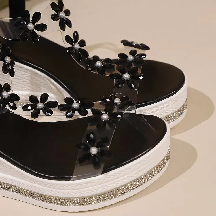 Womens Thick Heel Sandals Summer New Large Size Fashion Slope Heel Flower Rhinestone Fairy Beach Sandals Round Toe detail