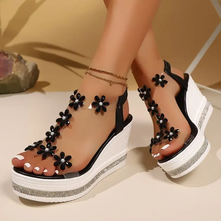 Womens Thick Heel Sandals Summer New Large Size Fashion Slope Heel Flower Rhinestone Fairy Beach Sandals Round Toe detail