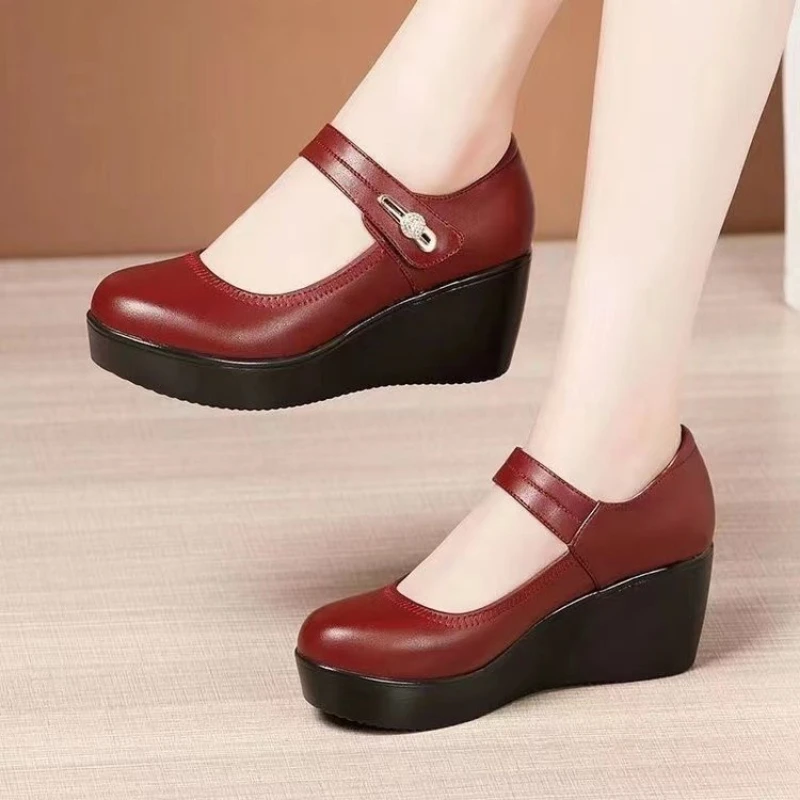 New Round toe Womens Shoes Casual Thick soled Spring Comfort Shoes Versatile high heels Slope heel ladies pumps Mujer Zapatos detail