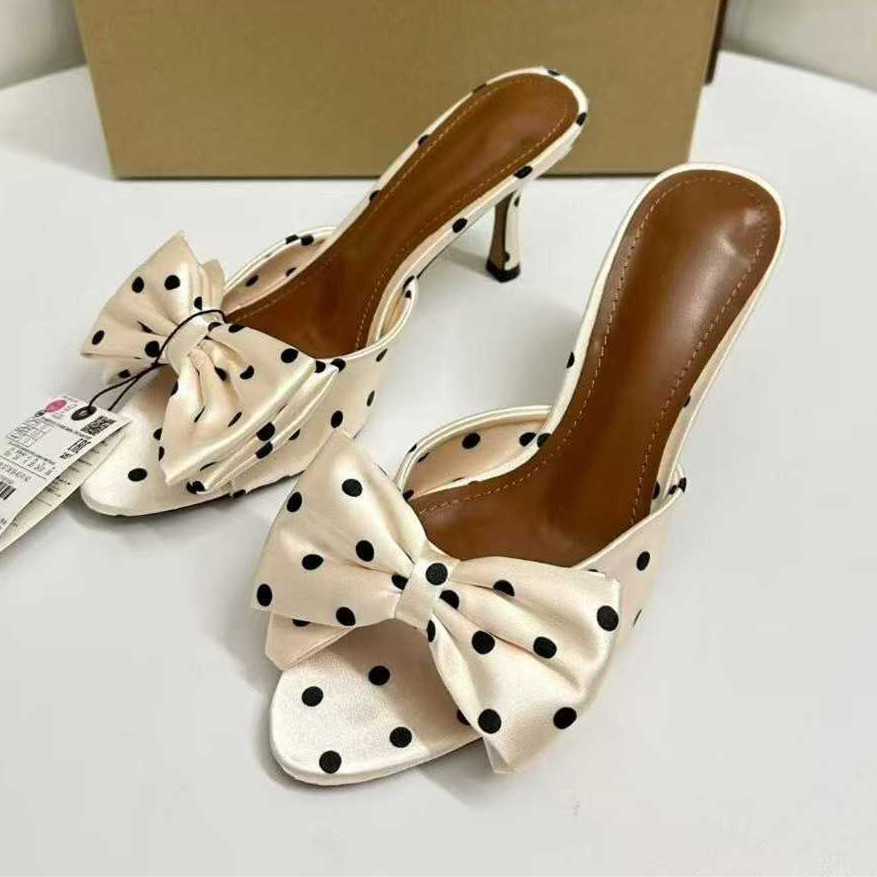 Womens Satin Bowknot Polka Dot Elegant Fashion Women Stiletto Heel Slide Sandals Beautiful Ladies High Heel Mules product view