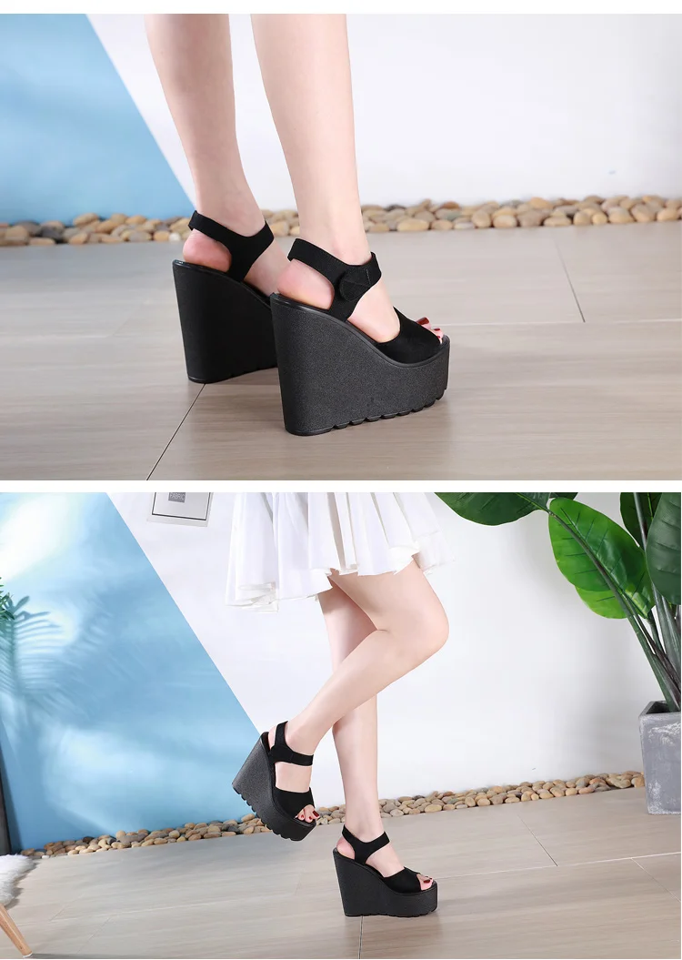 Summer Straps Roman Shoes Sexy Trendy FishBeak Womens Shoes Muffin Thick Inside Raise 15CM Slope Heel Sandals detail