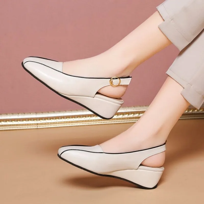 Leather Women Shoes New High Quality Oxfords Slip on Sandals for Women Trendy Retro Slope Heel Casual Shoes Spring Autumn detail