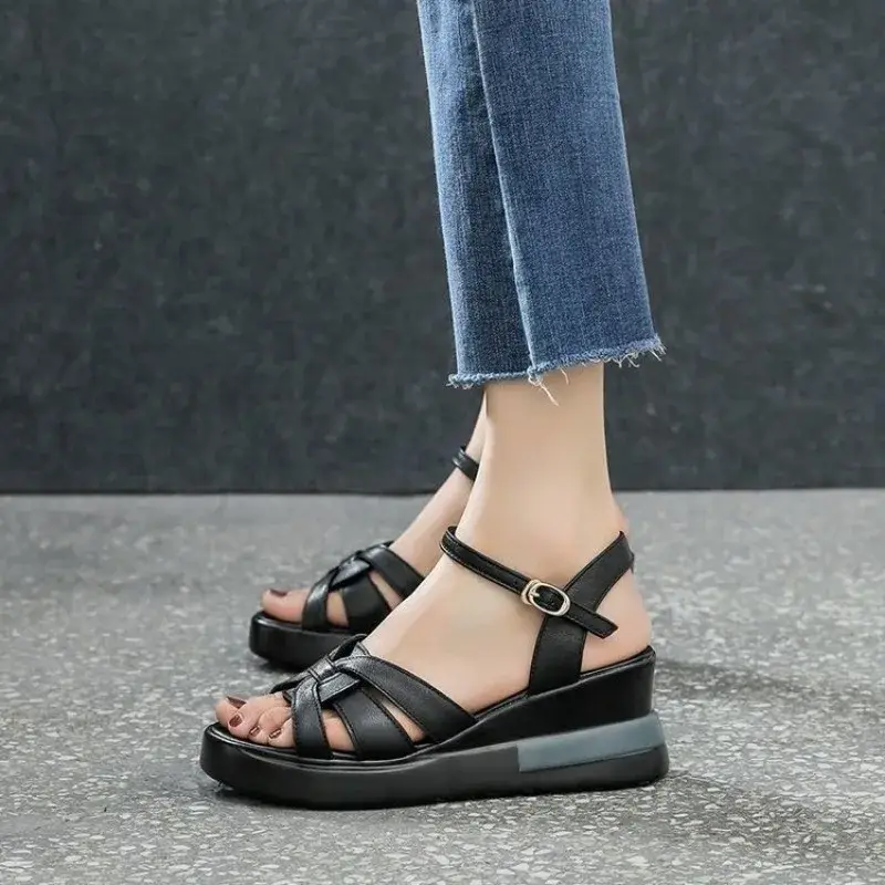 Summer NewWomens Sandals Casual Retro Hollow Button Sandals Womens Opentoe Sandals Fashion Comfortable Slope Heel Sandal product view