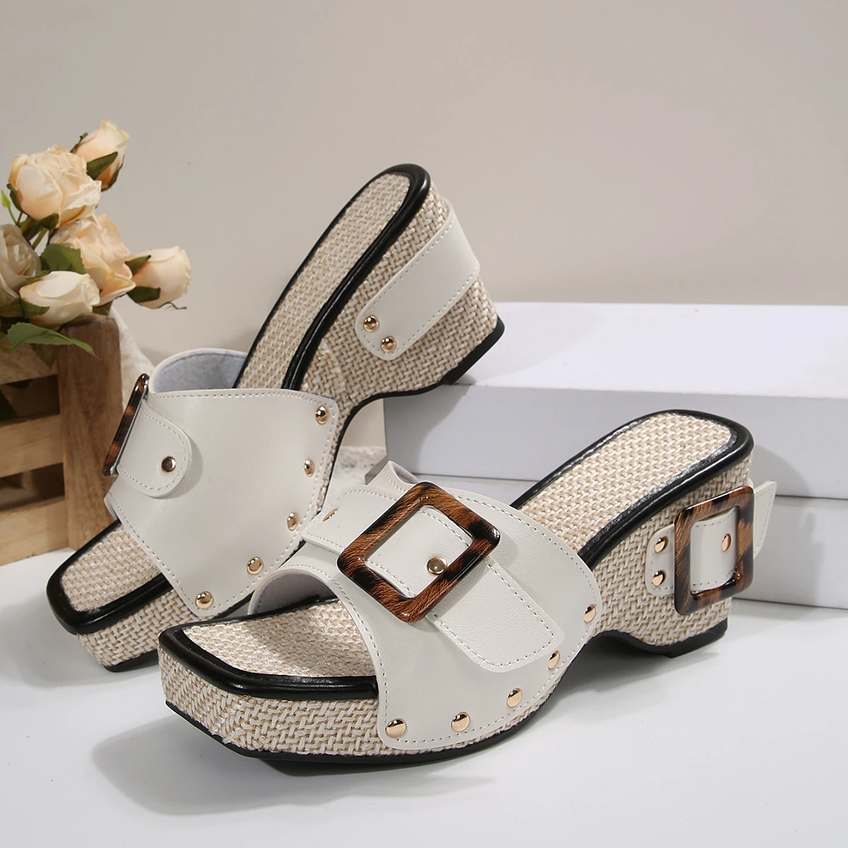 Women Sandals On Offer Slope High Heel Fashion Solid Color Metal Buckle Slope Heel Casual Sandals For Women Dressy Summer detail