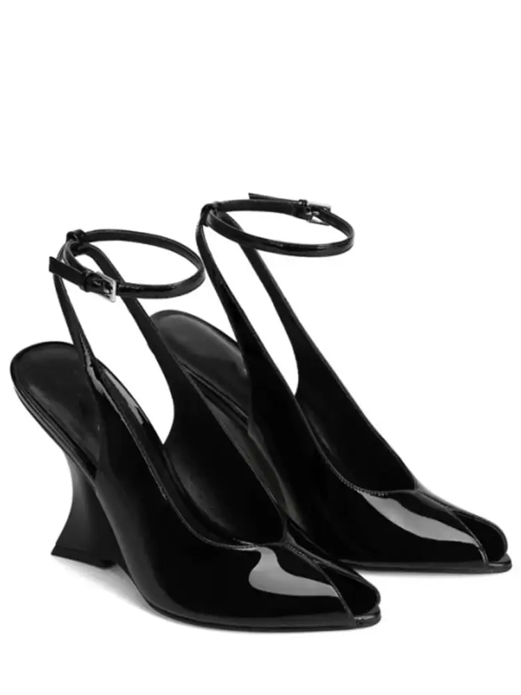 Ladies Summer Slope Heel Fish Mouth Sandals Thick High Heels Black Comfortable Large Toothed Sandals product view