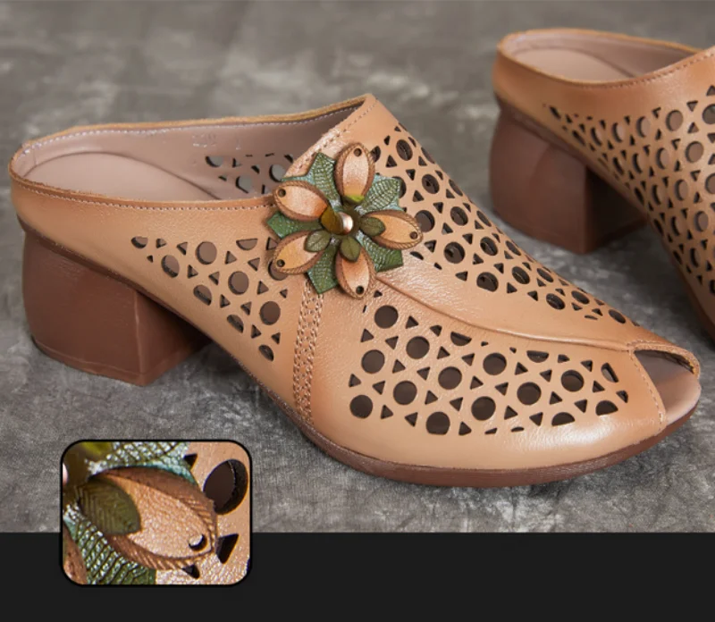 New Summer Thick Bottom Slope with High Heel Slippers Genuine Leather Sandals Flowers Hollow Women Shoes Fashion Sandals detail