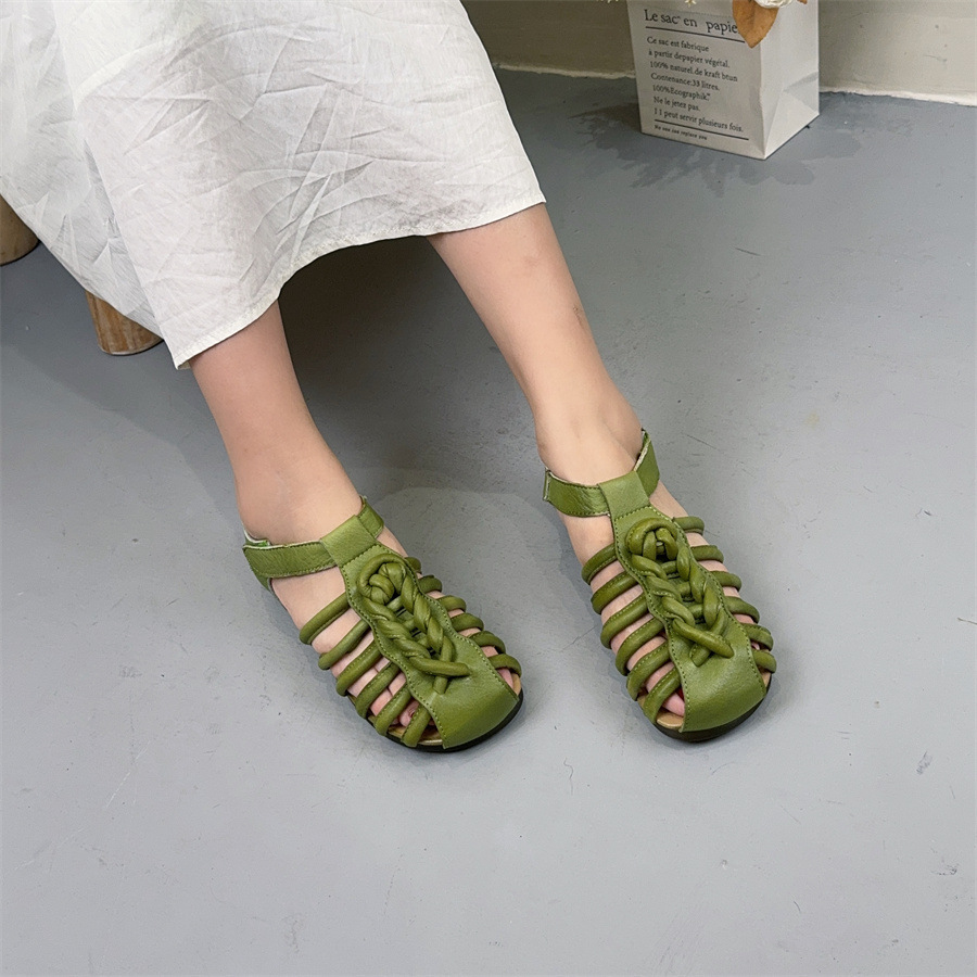 New Summer Outdoorwear Handmade Woventoe Womens Sandals Genuine Leather Soft Sole Vintage Roman Velcro square Head detail