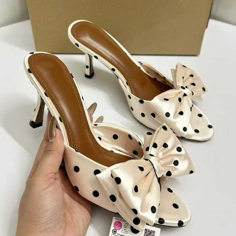 Womens Satin Bowknot Polka Dot Elegant Fashion Women Stiletto Heel Slide Sandals Beautiful Ladies High Heel Mules detail