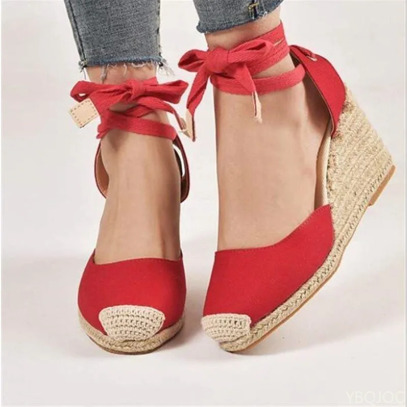 New Large Slope Heel Womens Sandals Thick Bottom Baotou Bag with Foot Ring Strap Cloth Surface Hemp Rope Sandals for Women detail