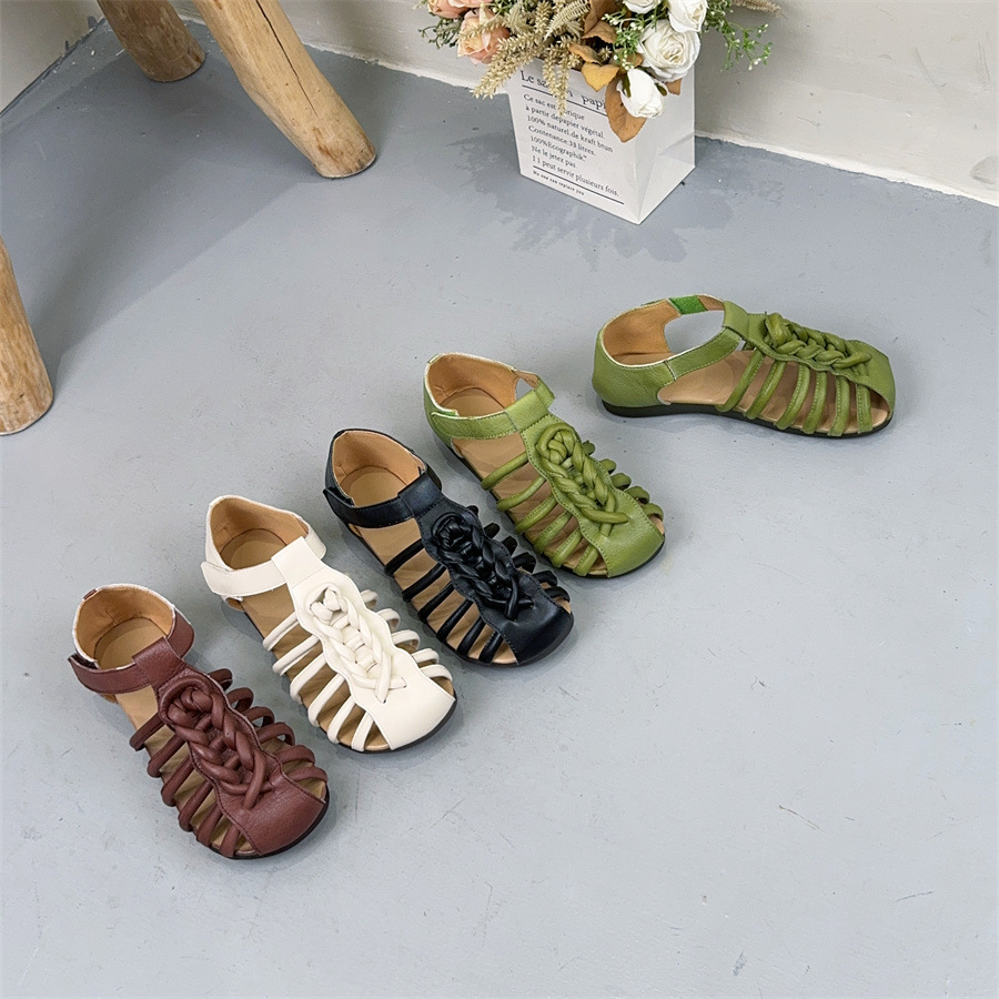 New Summer Outdoorwear Handmade Woventoe Womens Sandals Genuine Leather Soft Sole Vintage Roman Velcro square Head detail
