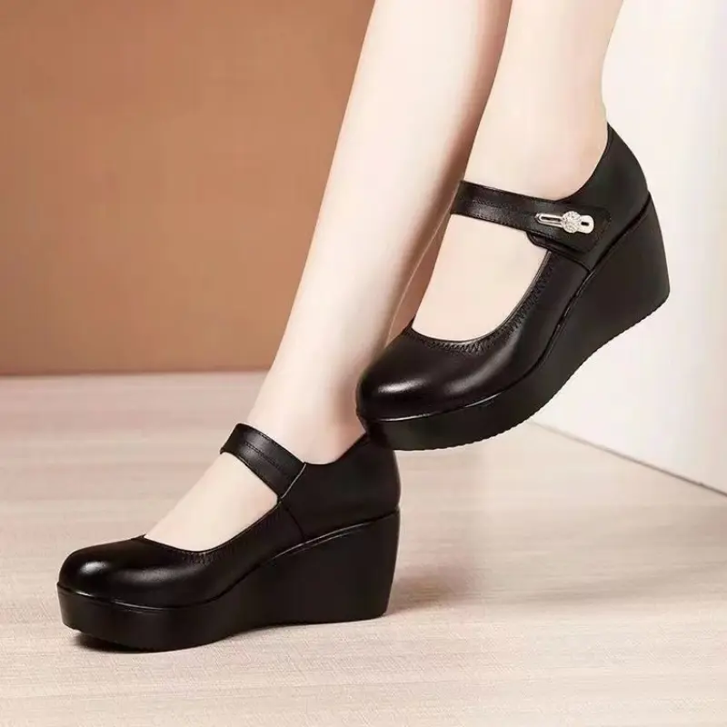 New Round toe Womens Shoes Casual Thick soled Spring Comfort Shoes Versatile high heels Slope heel ladies pumps Mujer Zapatos product view