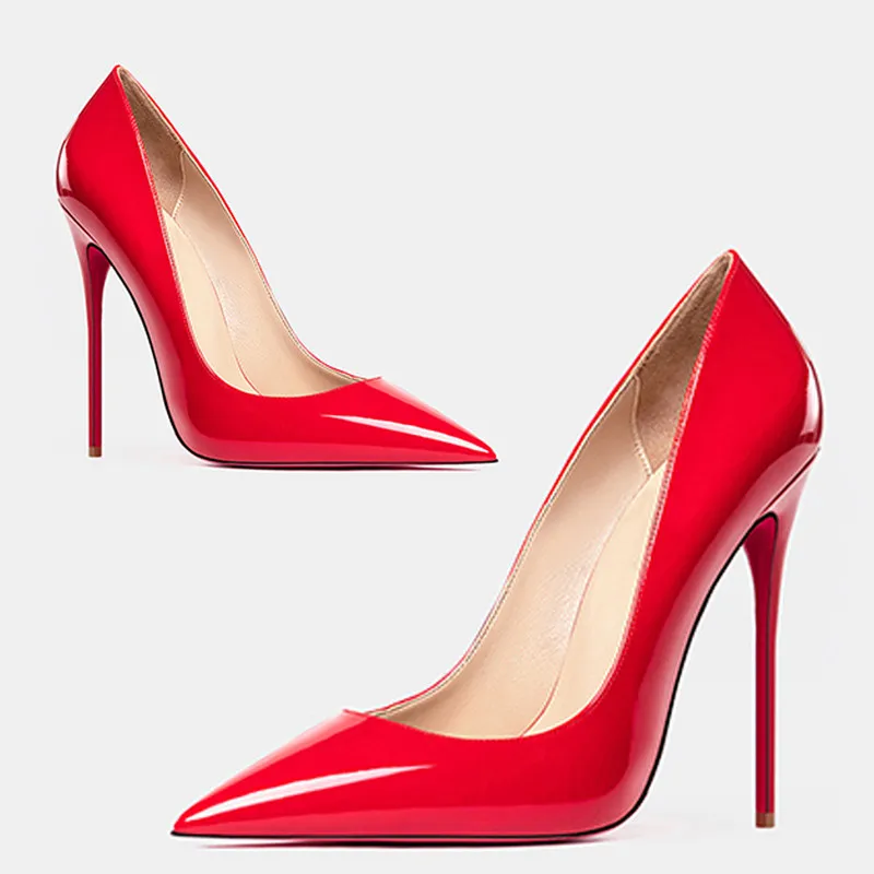 and slim and sexy high heels pointed shallow mouth black patent leather temperament work shoes detail