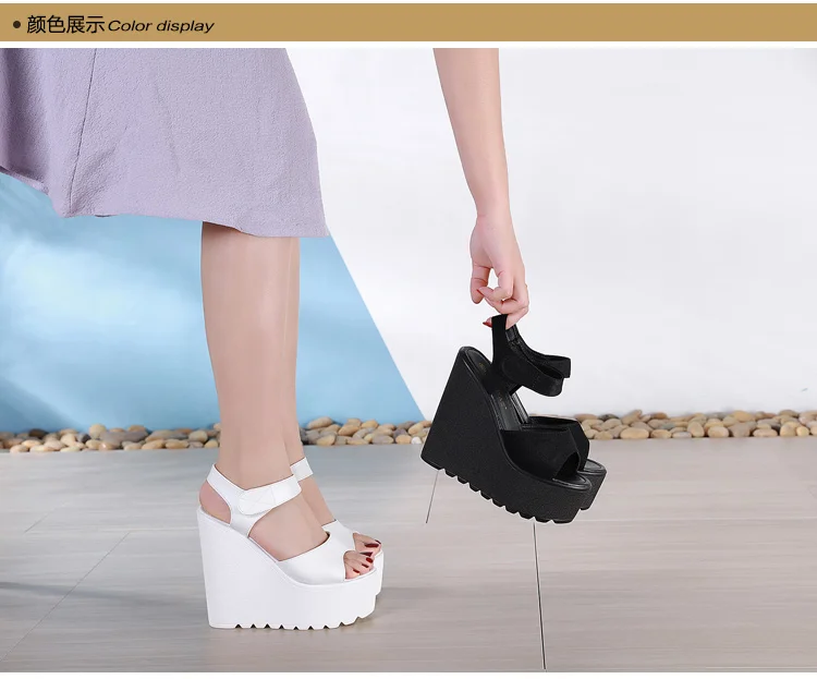 Summer Straps Roman Shoes Sexy Trendy FishBeak Womens Shoes Muffin Thick Inside Raise 15CM Slope Heel Sandals detail