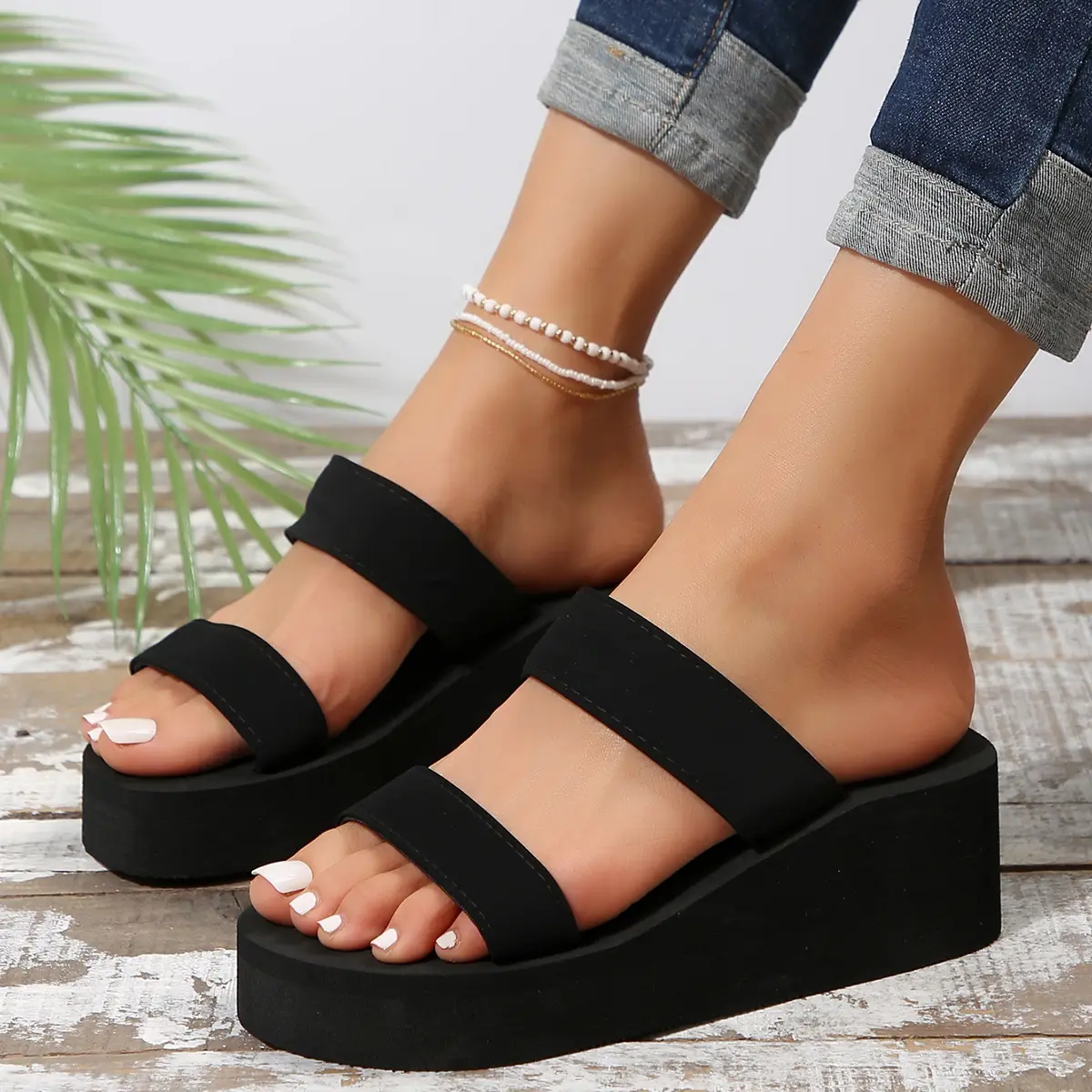 EVA Women Summer Fashion Casual Outer Wear Highheeled Flipflops Ins Trendy Nonslip Slope Heel Seaside Beach Sandal 2142 product view