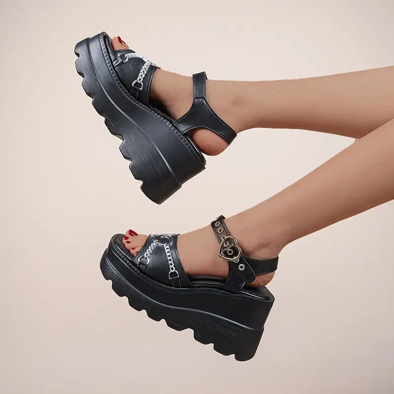 3542 Plus Size Fashion Slope Heel Women Metal Chain Decoration Sandals Female Platform Buckle Shoes Womens Sandals Tide Shoes product view