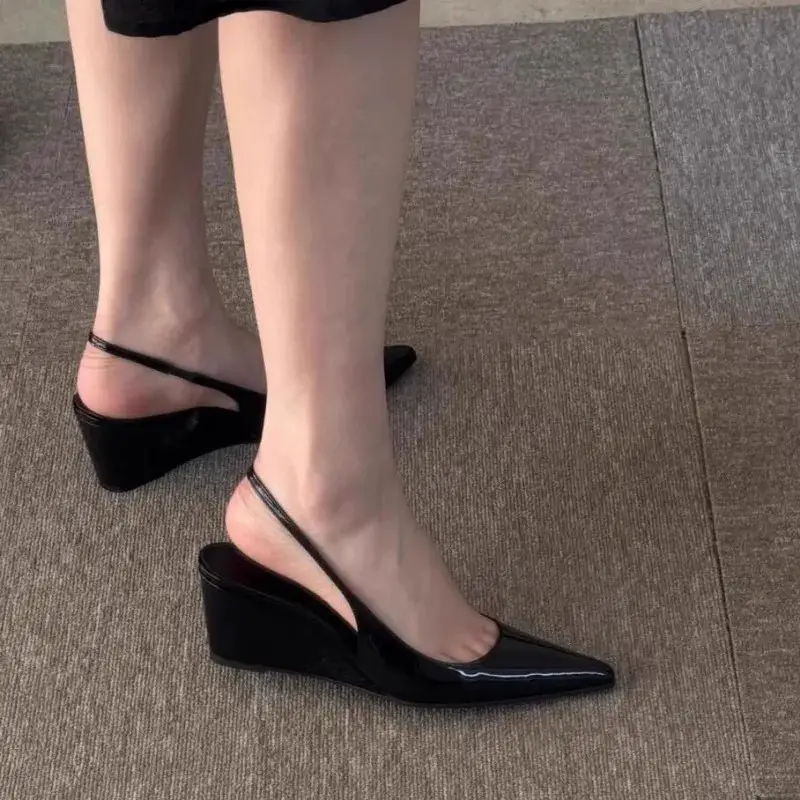 New Shallow Mouth Pointed Toe Single Shoes Women Wear Soft Leather Temperament Wedge Heel Baotou Sandals in Summer product view