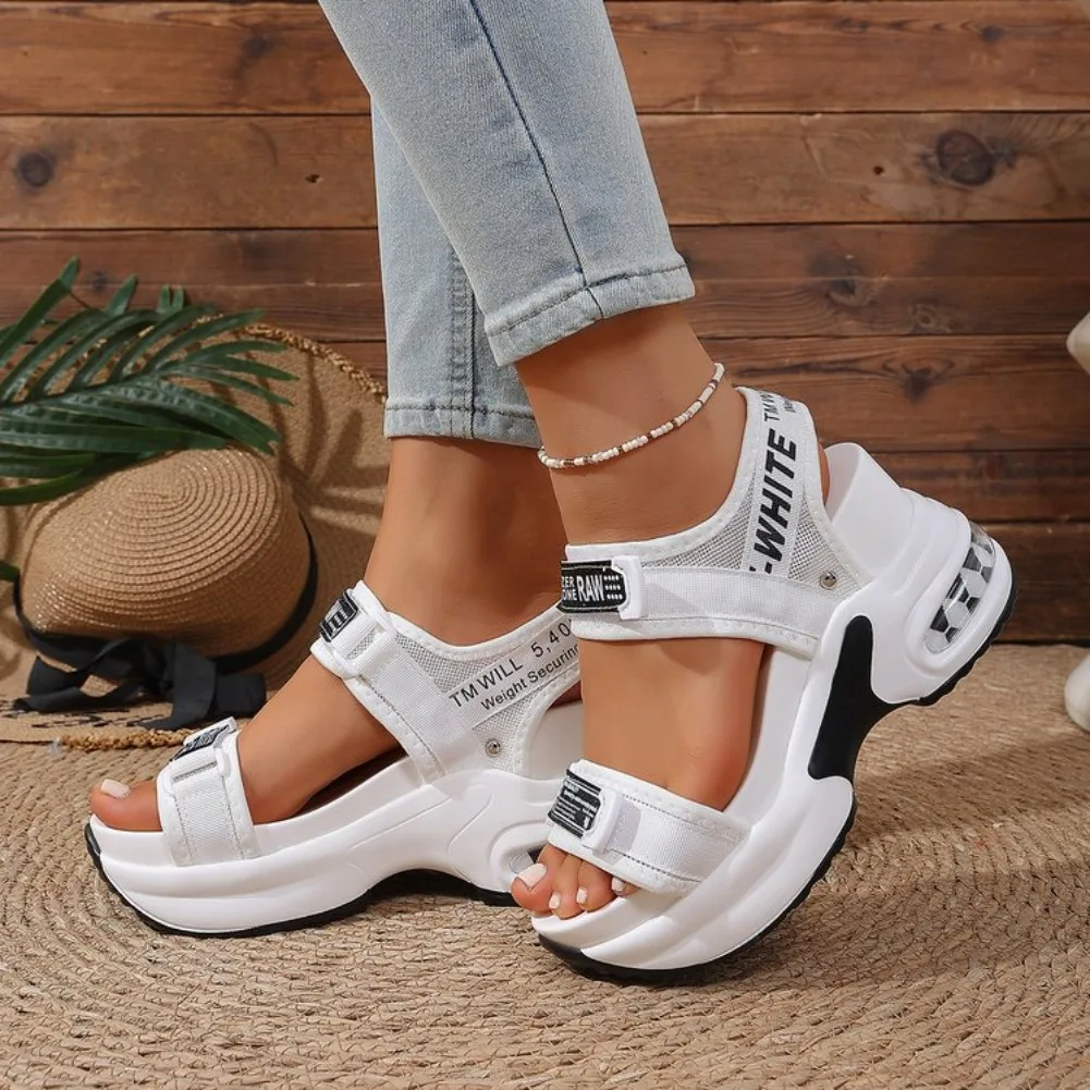 Summer New Women Sport Sandals Fashion Slope Elevated Platform Shoes Girls Outdoor Leisure High Heeled Fish Mouth Sandals detail