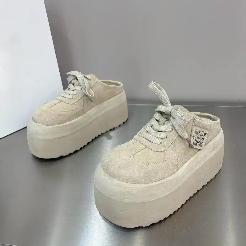 Thick Bottom Baotou Slippers New Round Head Deep Mouth Suede Lace Up Slope Heel Womens Shoes product view