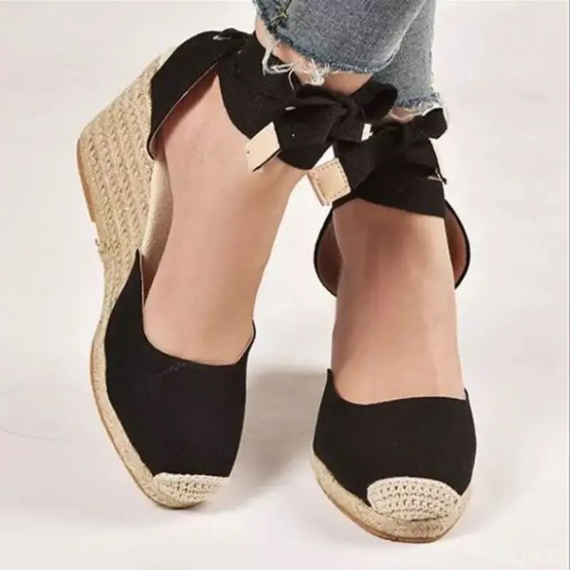 New Large Slope Heel Womens Sandals Thick Bottom Baotou Bag with Foot Ring Strap Cloth Surface Hemp Rope Sandals for Women product view