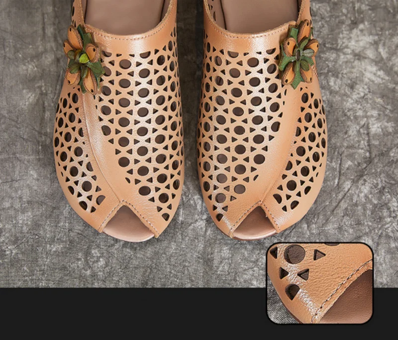 New Summer Thick Bottom Slope with High Heel Slippers Genuine Leather Sandals Flowers Hollow Women Shoes Fashion Sandals detail