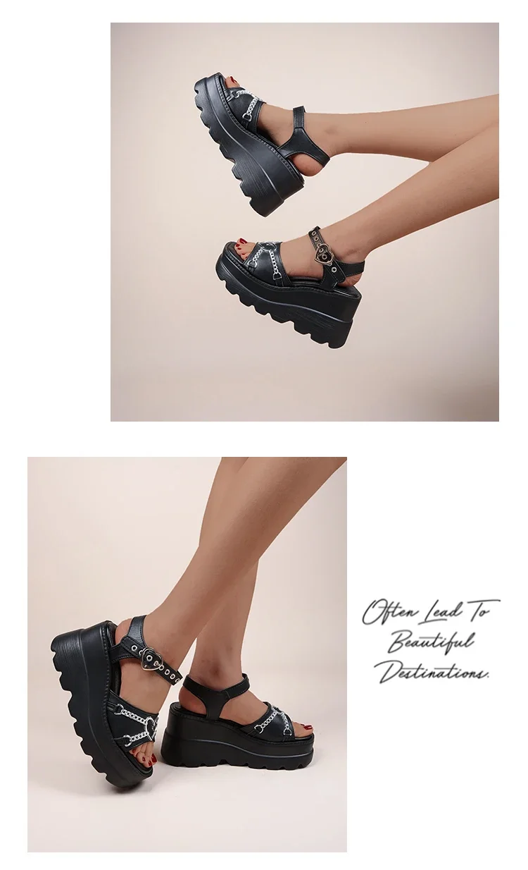 3543 Plus Size Fashion Slope Heel Women Sandals Metal Chain Decoration Female Buckle Platform Shoes Womens Sandals Tide Shoes detail