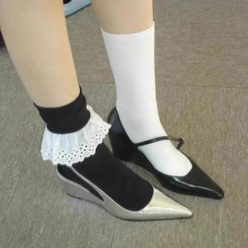 New Shallow Mouth Pointed Toe Single Shoes Women Wear Soft Leather Temperament Wedge Heel Baotou Sandals in Summer detail