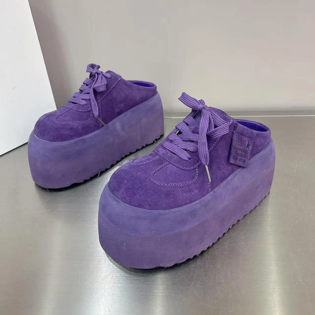 Thick Bottom Baotou Slippers New Round Head Deep Mouth Suede Lace Up Slope Heel Womens Shoes product view