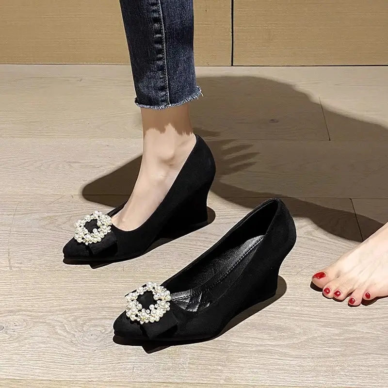 Slope Heel Fashion Shoes Women Spring New Water Diamond Pointed Shallow Mouth Soft Sexy High Heels Women Black Retro Footwear 43 product view