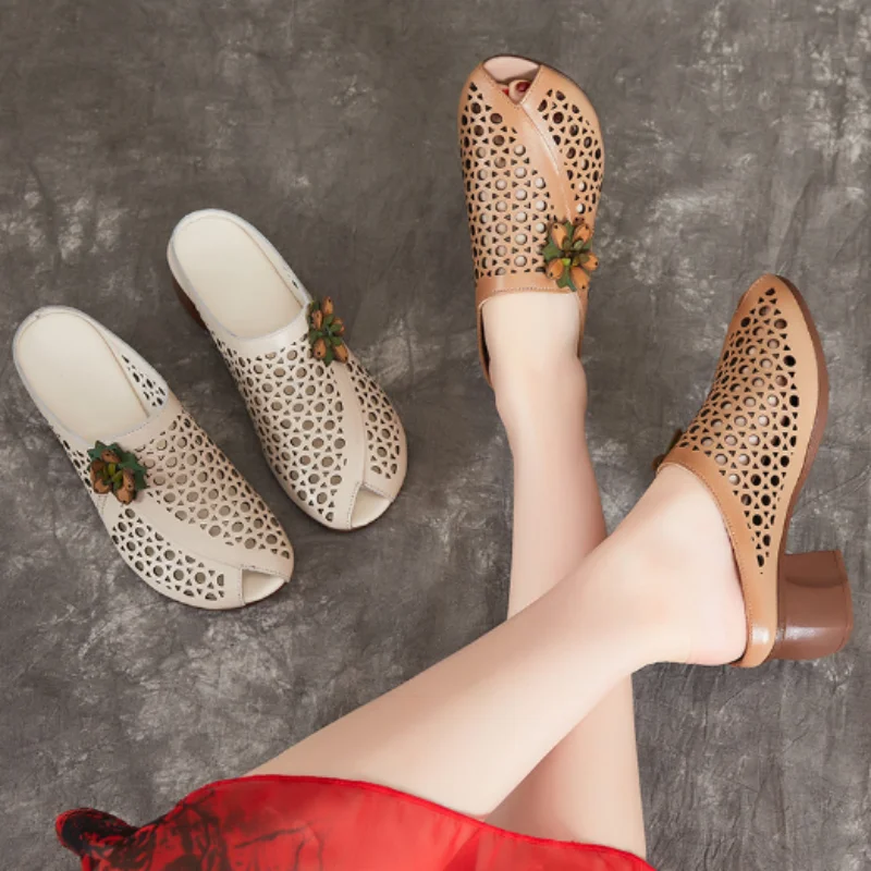 New Summer Thick Bottom Slope with High Heel Slippers Genuine Leather Sandals Flowers Hollow Women Shoes Fashion Sandals detail