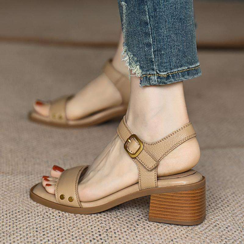 Vintage Chunky Heel Sandals Women Mid Heel Magic Strap Open Toe Backless Soft Leather Shoes product view
