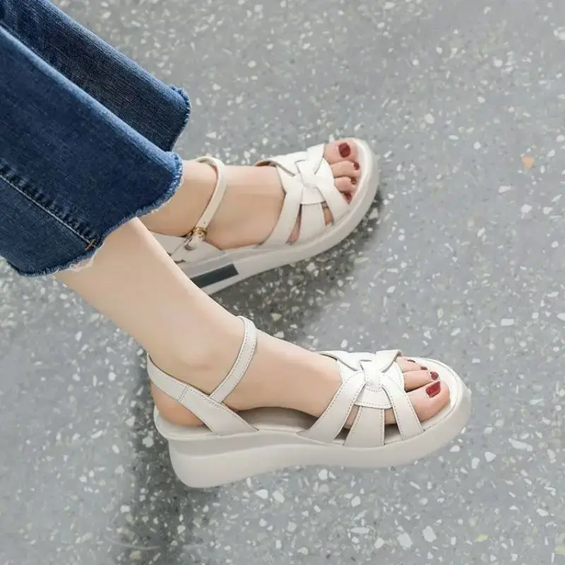 Summer NewWomens Sandals Casual Retro Hollow Button Sandals Womens Opentoe Sandals Fashion Comfortable Slope Heel Sandal product view