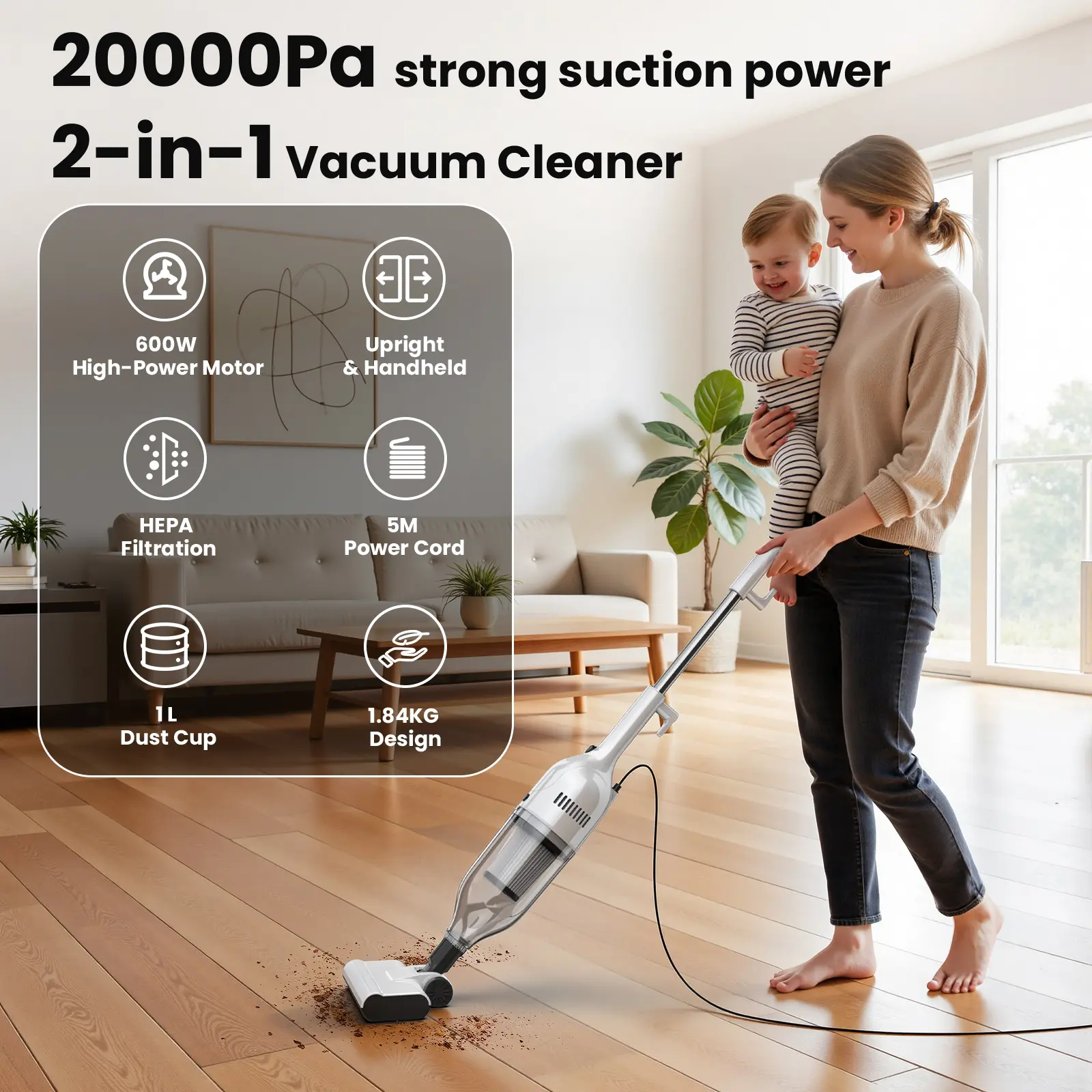 R7 Corded Vacuum Cleaner 600W 20Kpa Powerful Suction Household Handheld Stick Vacuum Portable 3 in 1 Lightweight Cleaner 5M Long Cable Bagless Upright Vacuum for Hardwood Floor Carpet Pet Hair Cleaning product view
