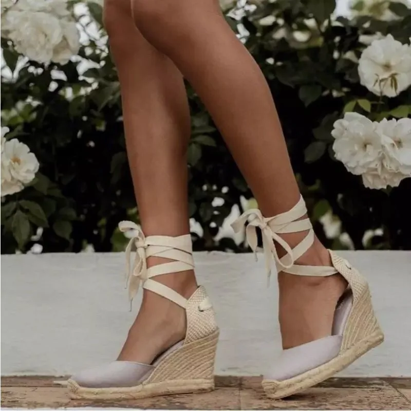 New Large Slope Heel Womens Sandals Thick Bottom Baotou Bag with Foot Ring Strap Cloth Surface Hemp Rope Sandals for Women detail